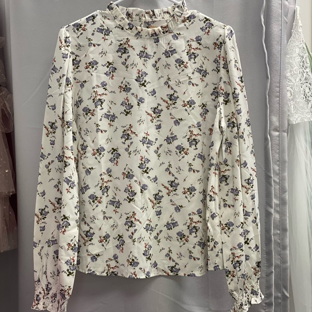 Floral Ruffle Neck Women's Top